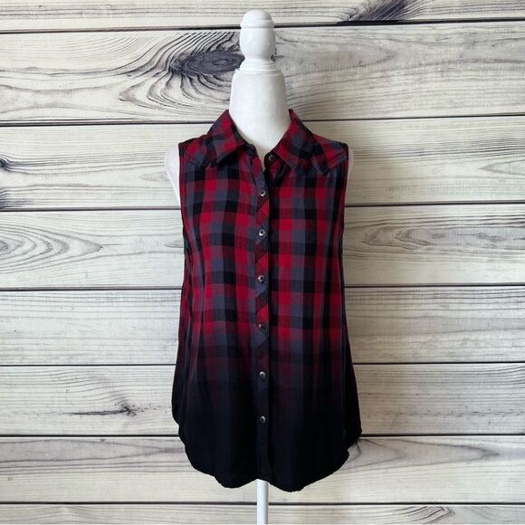 Harley Davidson Red, Black & Grey Plaid Ombré Sleeveless Top - Picture 1 of 8
